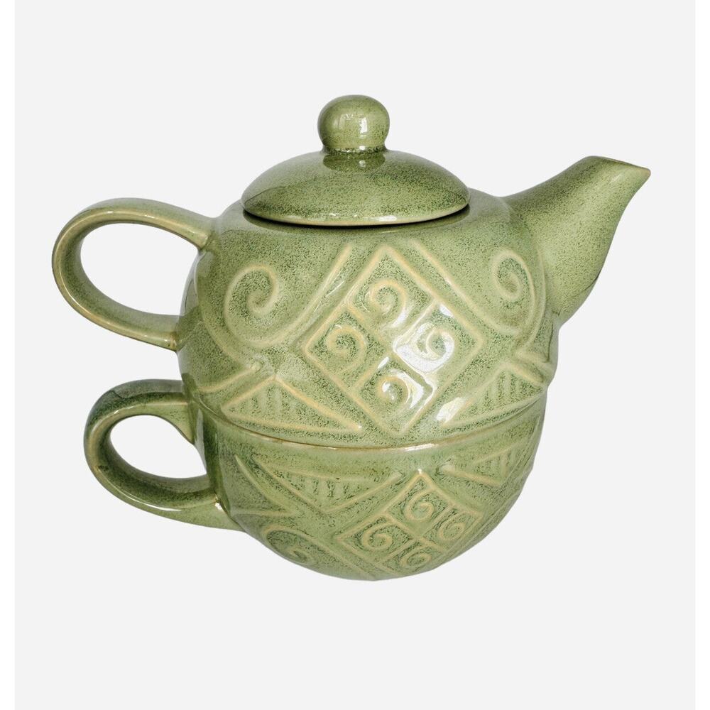 Pier 1 Stacking Teapot with Lid Cup sage green serveware coffee ceramic pottery